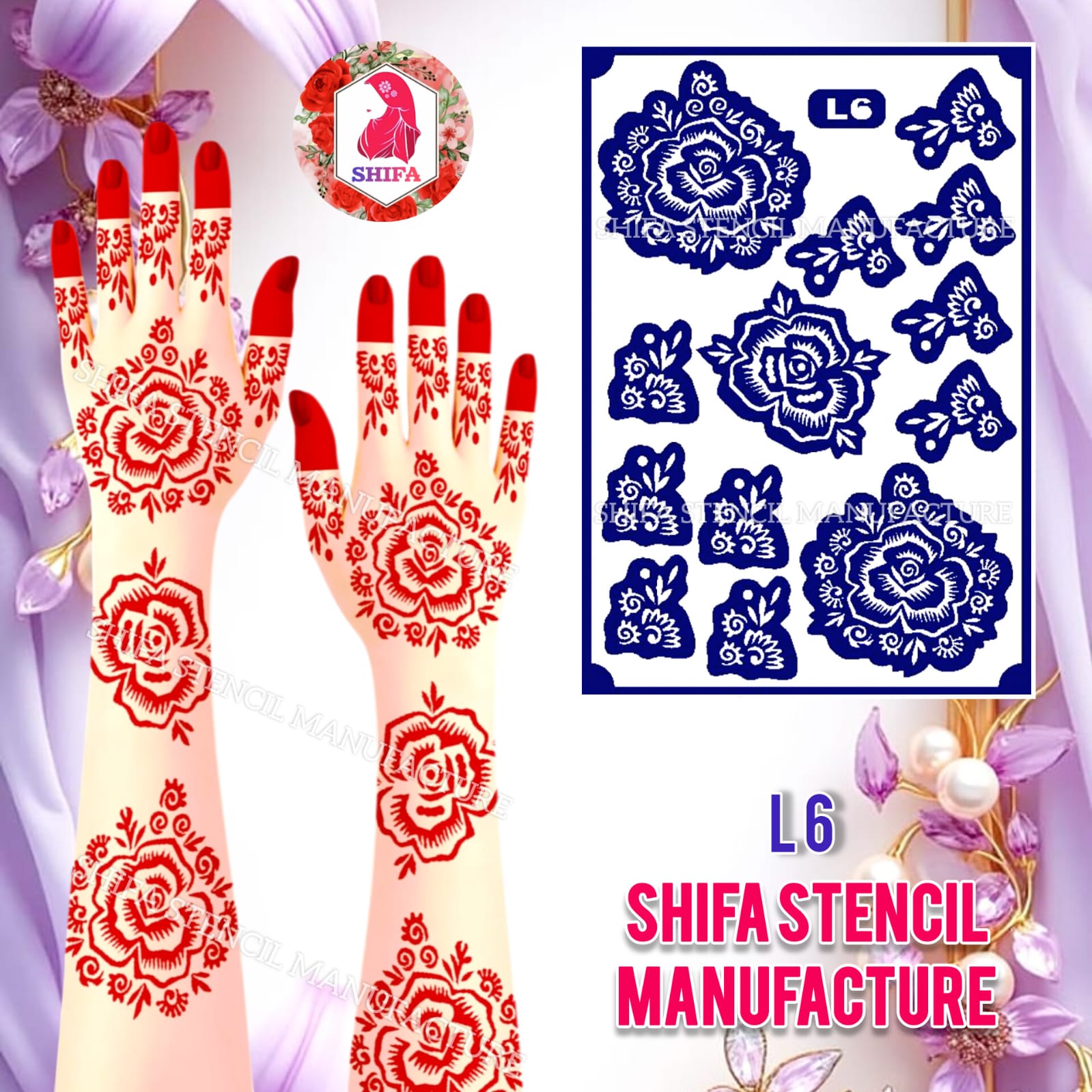L6 A Beautiful Rose Motif Mandala Sticker Overview Henna Stencil - Shifa Stencil